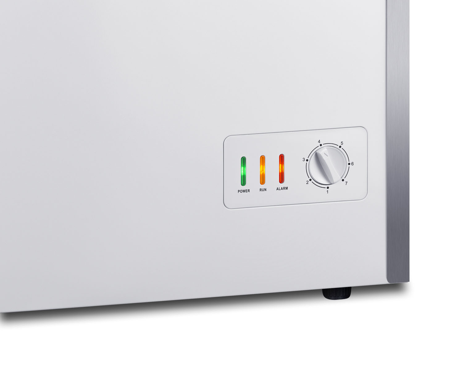 Commercially listed 6.7 cu.ft. manual defrost chest freezer in white with stainless steel corner guards and lock